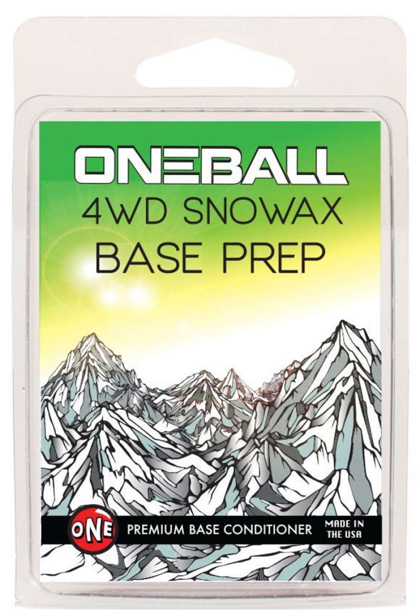 Oneball 4WD Base Prep Clean Wax 2022-2023 - A green and white box with a snowboarder riding down a mountain on it.
