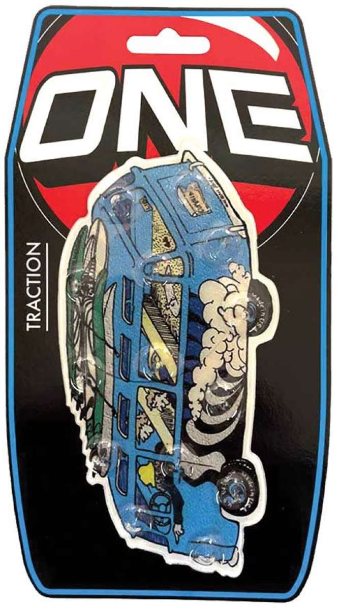 Oneball Cork Bus Stomp Pad 2024 - A blue bus with a white cloud design on its side, featuring a red circle with "ONE" in large white letters at the top.