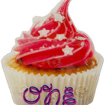 Oneball Cupcake Stomp Pad 2022-2023 - A pink cupcake with white frosting and star-shaped sprinkles on top, sitting in a white wrapper with "one" written in purple cursive.