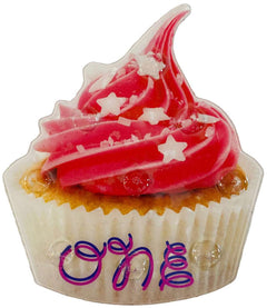 Oneball Cupcake Stomp Pad 2022-2023 - A pink cupcake with white frosting and star-shaped sprinkles on top, sitting in a white wrapper with "one" written in purple cursive.