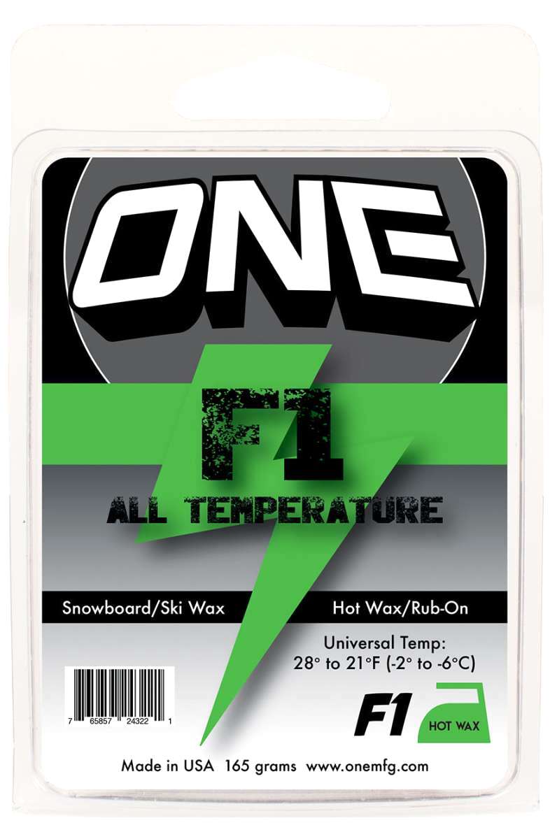 Oneball F-1 Hot Wax All Temp 165G 2024 - A green and black package with a large "F1" logo in distressed font, featuring a lightning bolt graphic.