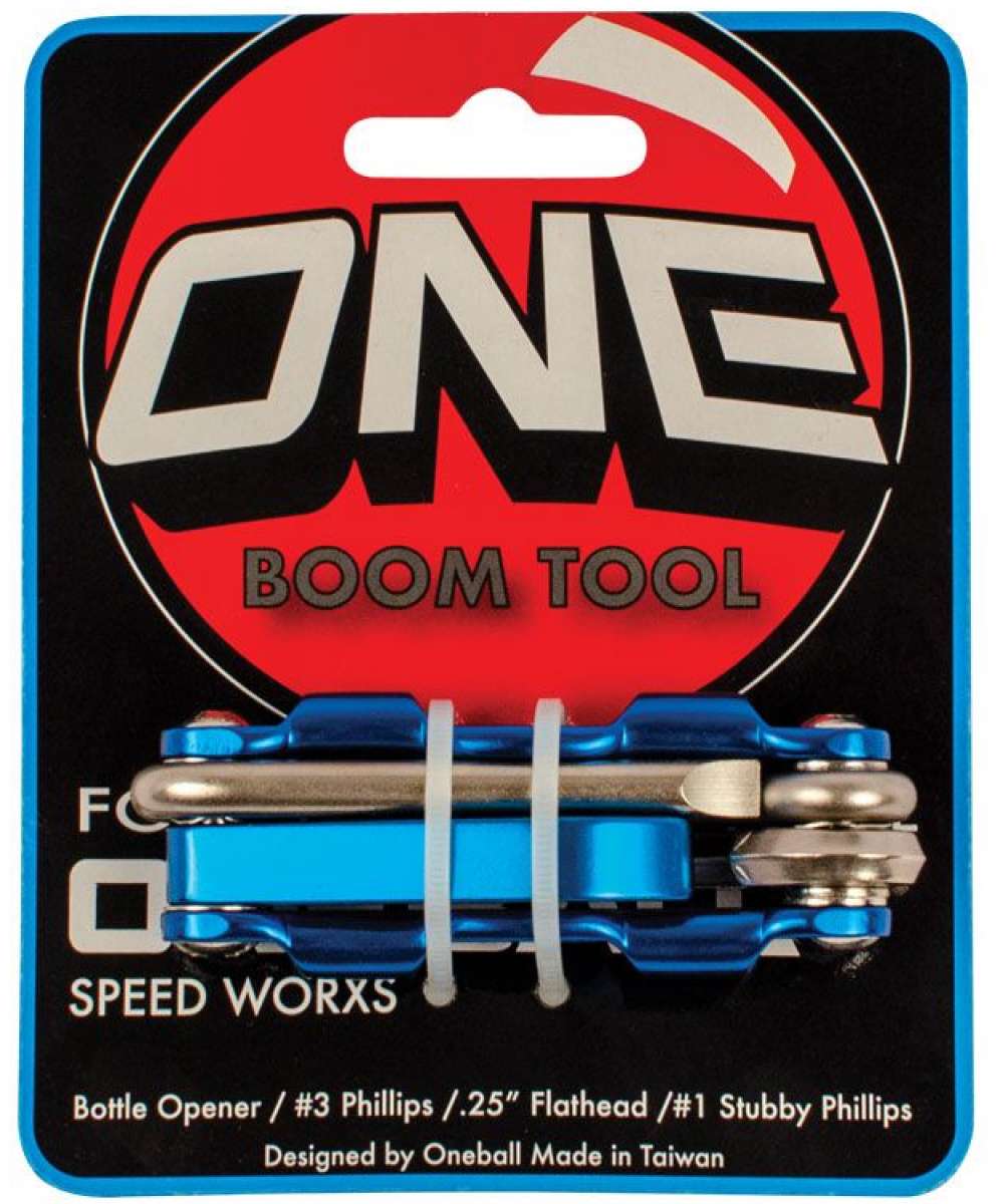 Oneball Folding Tool 2024 - Compact tool with silver metal components, including a screwdriver and wrench, neatly folded into a blue plastic case.