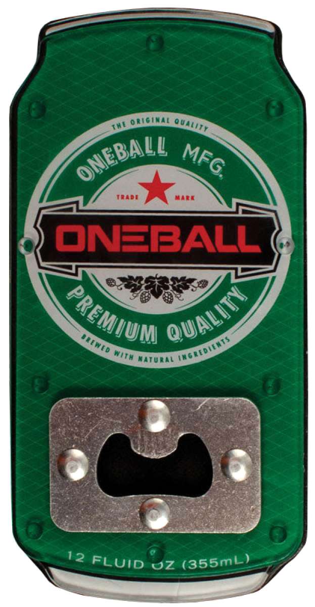 Oneball Heine Bottle Opener Stomp 2024 - A green bottle opener with a red star and black banner, featuring the word "ONEBALL" in red letters.