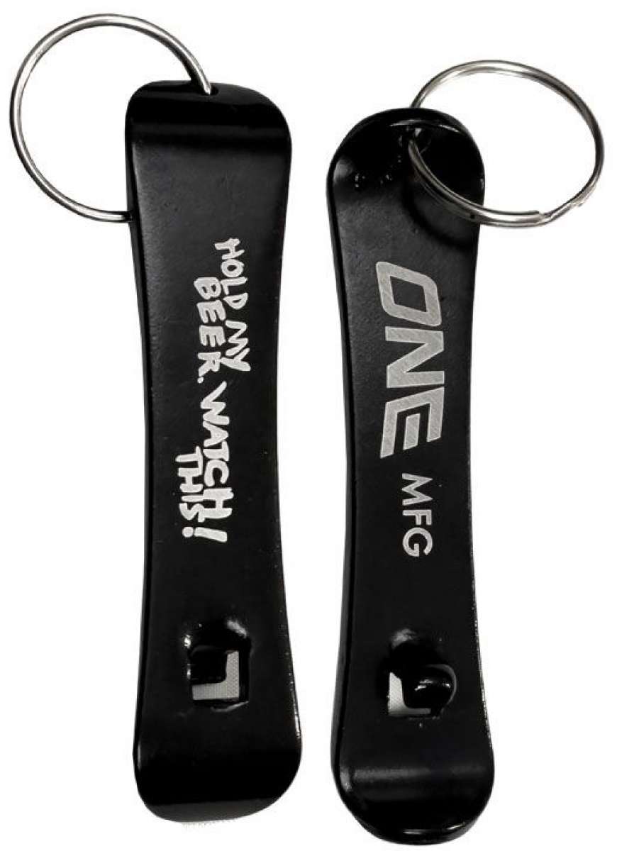 Oneball Hold My Beer Keychain - A black keychain with a silver ring and a small metal bottle opener attached to it.