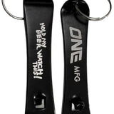 Oneball Hold My Beer Keychain - A black keychain with a silver ring and a small metal bottle opener attached to it.