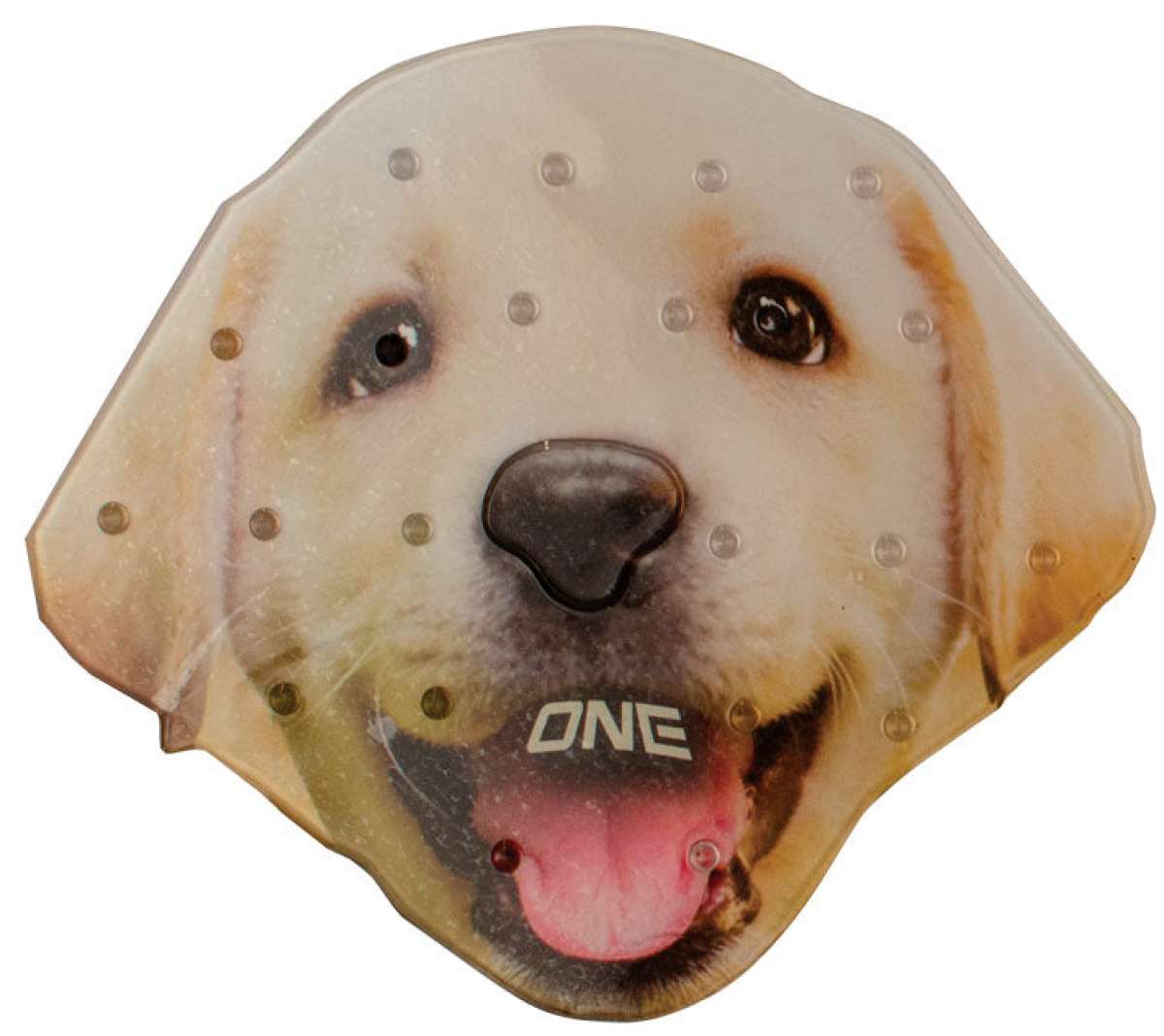 Oneball Lab Stomp Pad 2022-2023 - A tan-colored dog's face with a black nose and brown eyes, smiling with its tongue out.