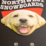 Oneball Lab Stomp Pad 2022-2023 - A white dog's face with a black nose and mouth, wearing a red hat.