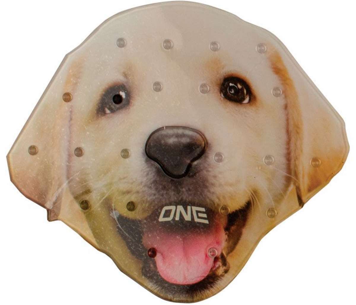 Oneball Lab Stomp Pad 2023-2024 - A yellow lab with its tongue out and brown eyes looking directly at the camera.