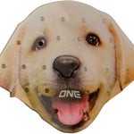 Oneball Lab Stomp Pad 2023-2024 - A yellow lab with its tongue out and brown eyes looking directly at the camera.