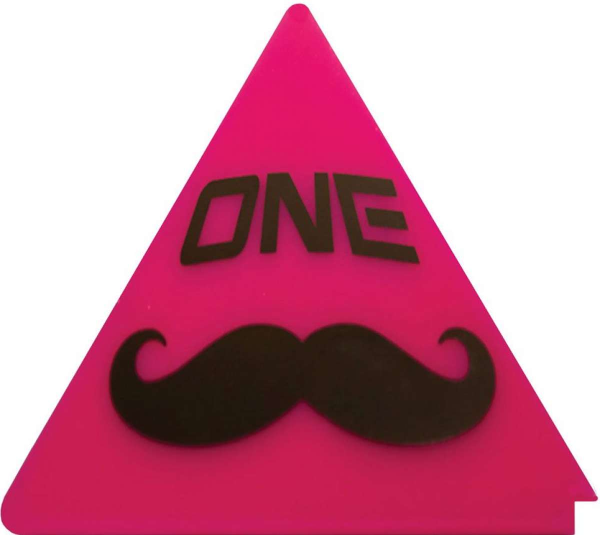 Oneball Mustache Triangle Scraper - A pink triangle with a large black mustache and the word "ONE" in black at the top.