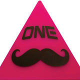 Oneball Mustache Triangle Scraper - A pink triangle with a large black mustache and the word "ONE" in black at the top.