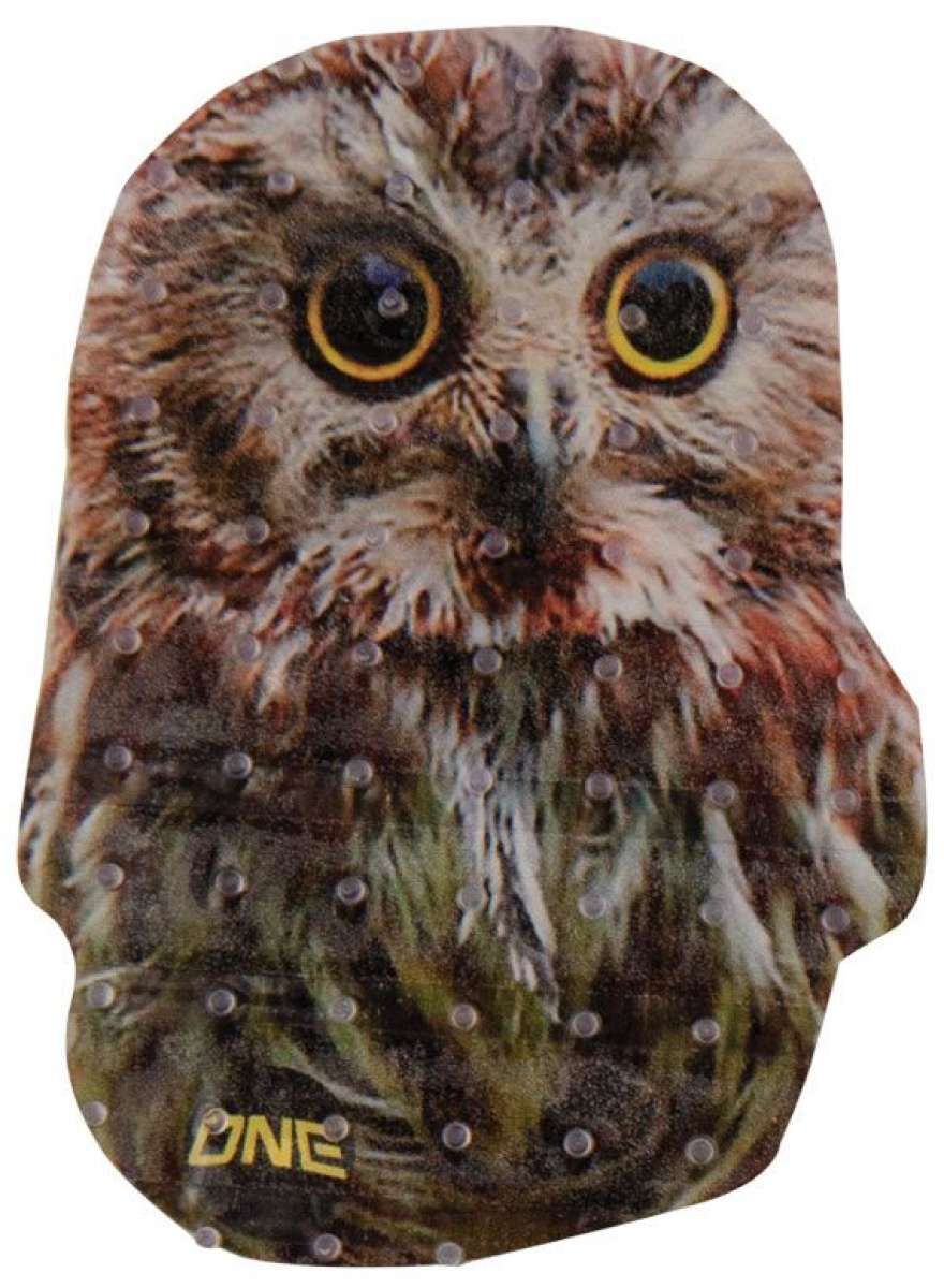 Oneball Owl Stomp Pad 2024 - An owl with brown feathers, yellow eyes, and a black beak is printed on this stomp pad.