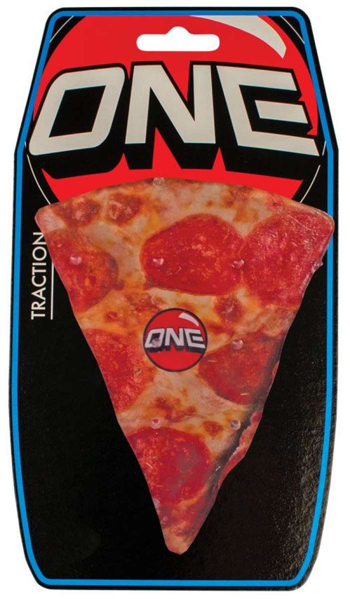 Oneball Pizza Stomp Pad - A pizza slice-shaped stomp pad with a red and white logo featuring the word "ONE" in bold letters, set against a black background.