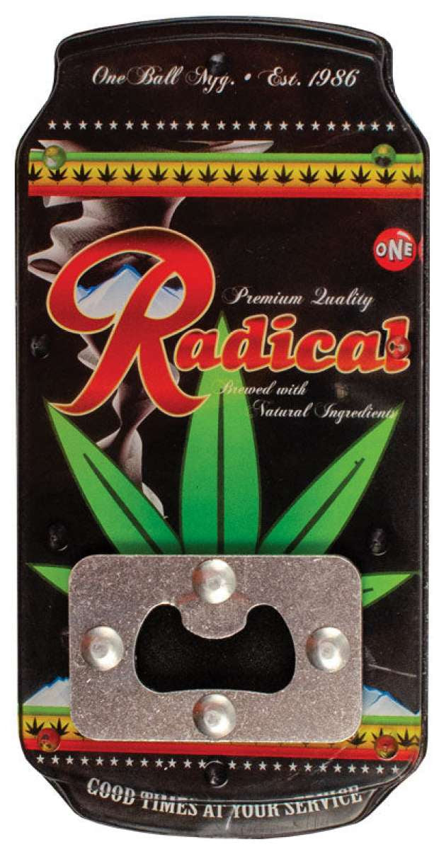 Oneball Radical Bottle Opener Pad 2022-2023 - A black bottle opener pad with a white logo and red lettering that reads "Radical" in cursive font.