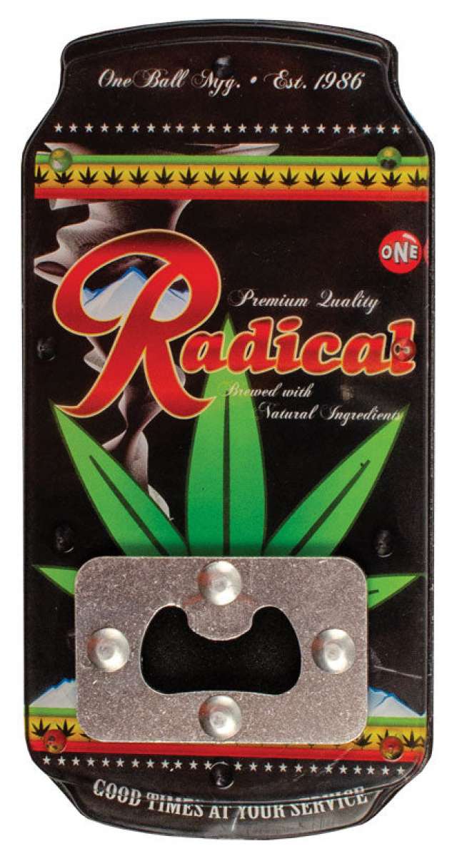 Oneball Radical Bottle Opener Pad 2024 - A black bottle opener pad with a red and yellow stripe at the top, featuring a white cannabis leaf design.