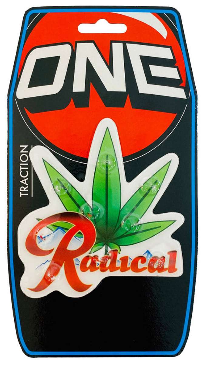 Oneball Radical Leaf Stomp Pad - A green leaf-shaped stomp pad with a black outline and stem, featuring the word "Radical" in red cursive font at its base.