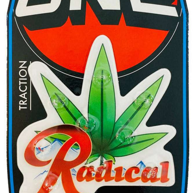 Oneball Radical Leaf Stomp Pad - A green leaf-shaped stomp pad with a black outline and stem, featuring the word "Radical" in red cursive font at its base.