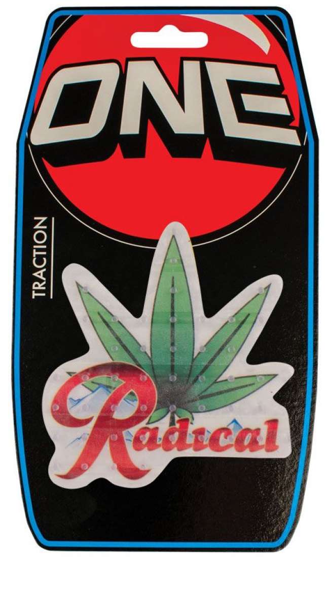 Oneball Radical Leaf Stomp Pad - A green leaf-shaped stomp pad with a red outline and white dots, featuring the word "Radical" in red cursive font at its base.