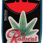 Oneball Radical Leaf Stomp Pad - A green leaf-shaped stomp pad with a red outline and white dots, featuring the word "Radical" in red cursive font at its base.