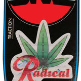 Oneball Radical Leaf Stomp Pad - A green leaf-shaped stomp pad with a red outline and white dots, featuring the word "Radical" in red cursive font at its base.