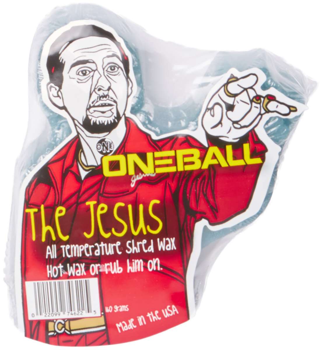 Oneball The Jesus Wax 2024 - A red wax block with a black-and-white illustration of a man's face on its top surface.