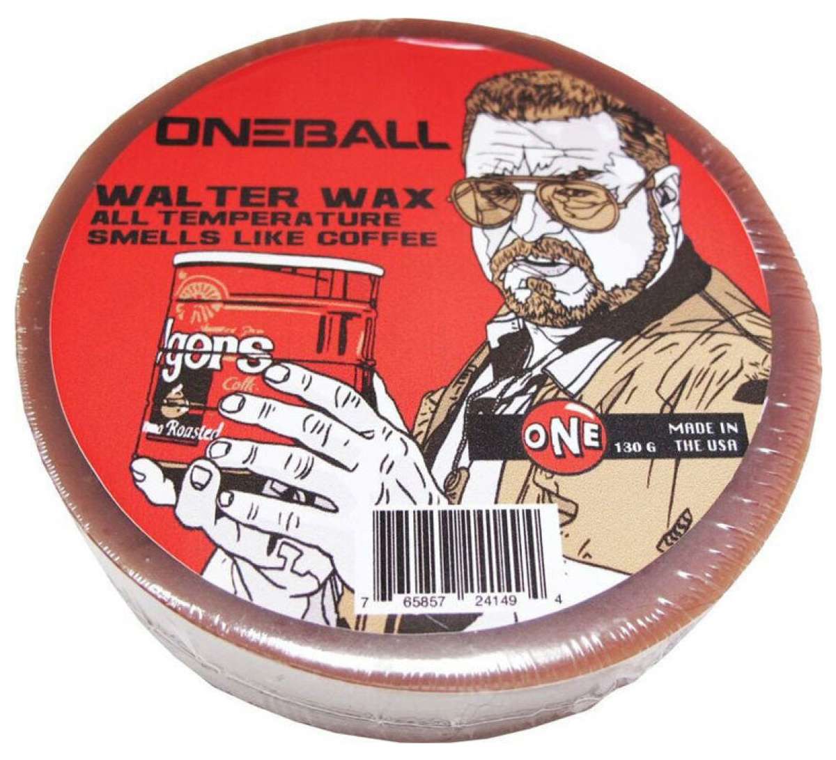 Oneball Walter Wax 2024 - Red can with white lettering, held by a man in sunglasses and tan jacket.