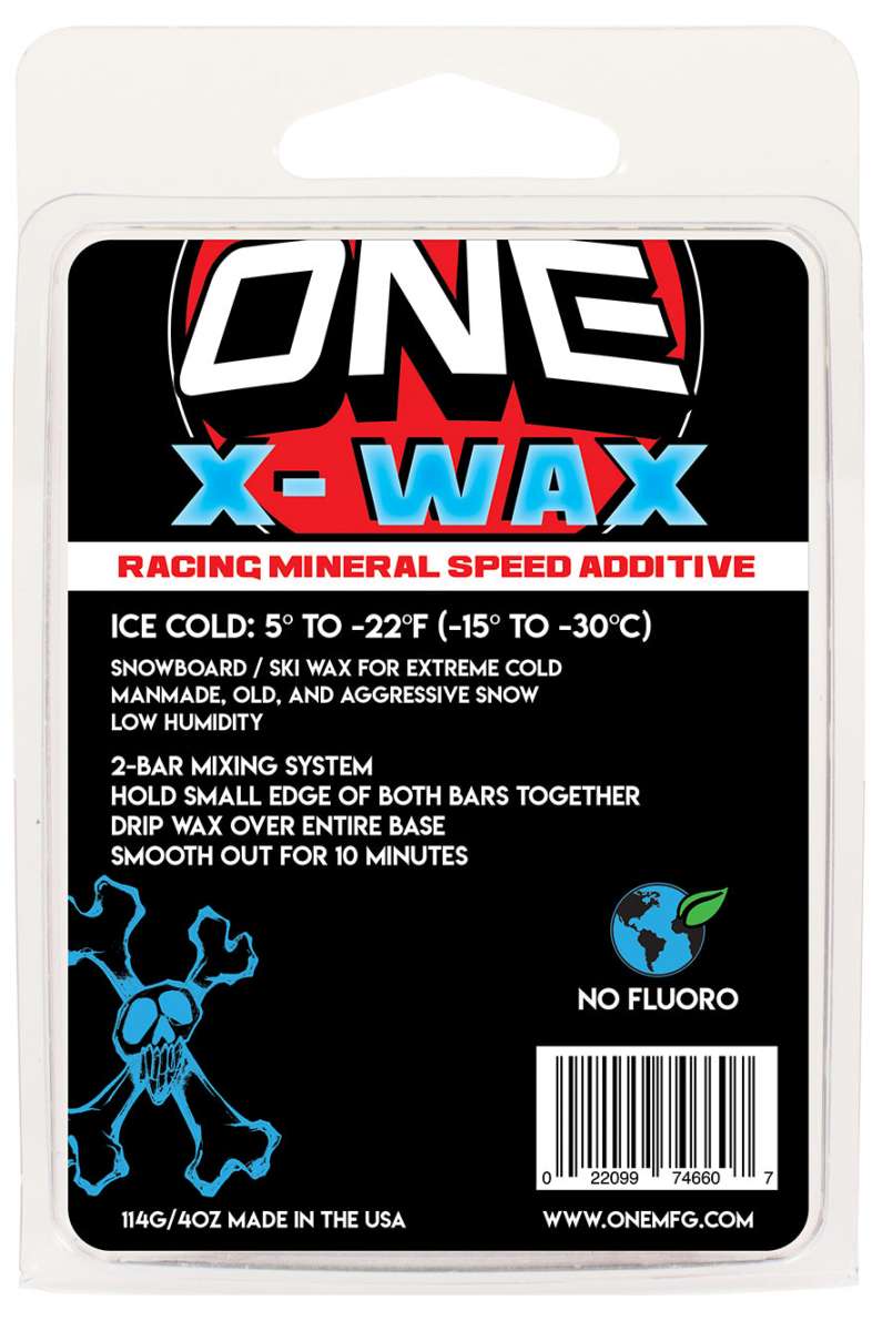 Oneball X-Wax Ice Cold - A red, white, and blue wax with a snowboarder riding down a mountain in the background.