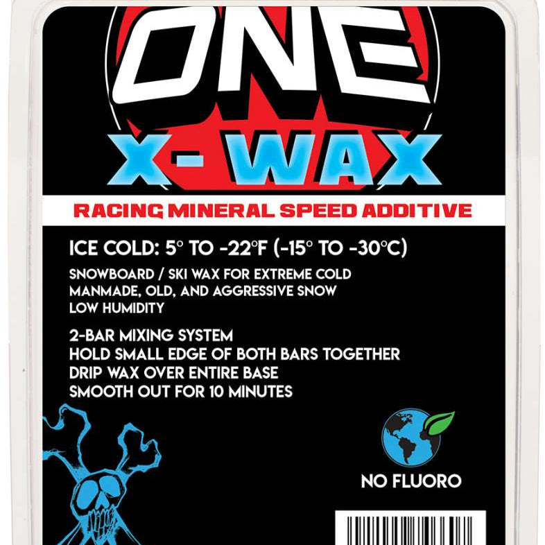 Oneball X-Wax Ice Cold - A red, white, and blue wax with a snowboarder riding down a mountain in the background.
