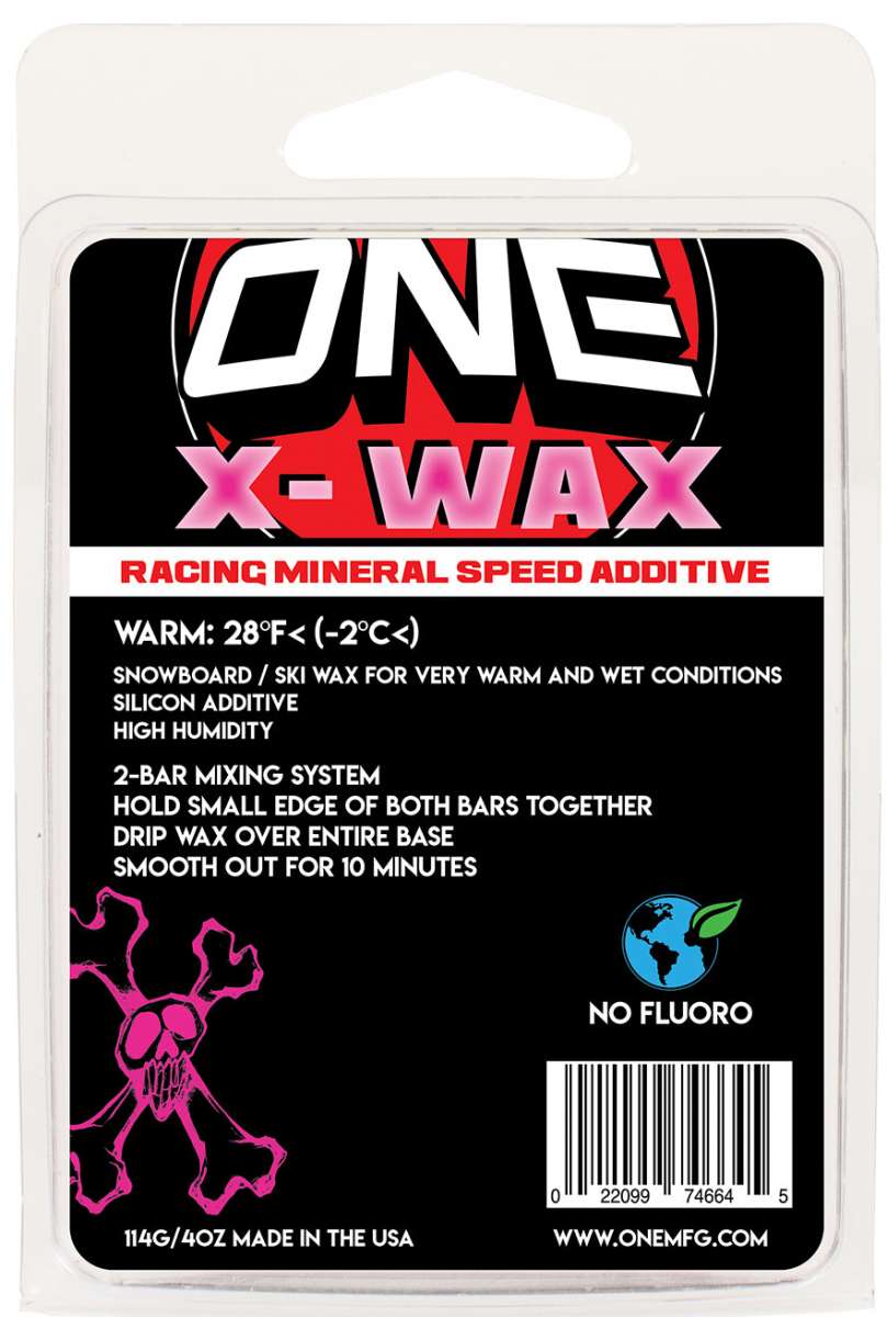 Oneball X-Wax Warm 28F - A red and black can with a white label featuring a snowboarder in action, set against a light gray background.