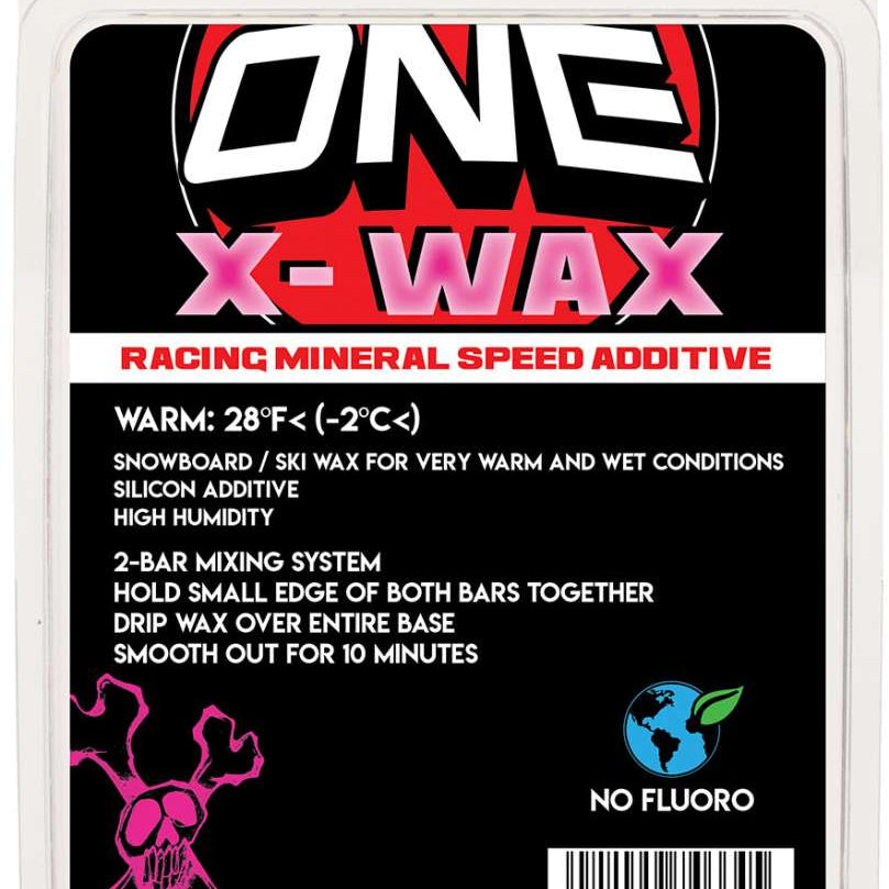 Oneball X-Wax Warm 28F - A red and black can with a white label featuring a snowboarder in action, set against a light gray background.