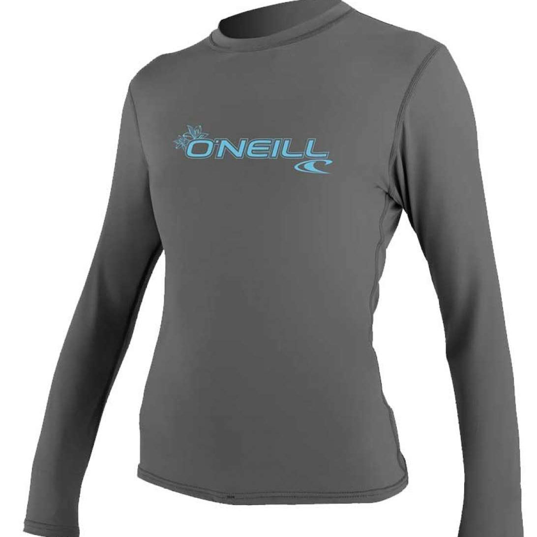 O'Neill Ladies Basic Sun Shirt Long Sleeve 2022 - A gray rash guard with a light blue logo that reads "ONEILL" and features a small floral design above the lettering.