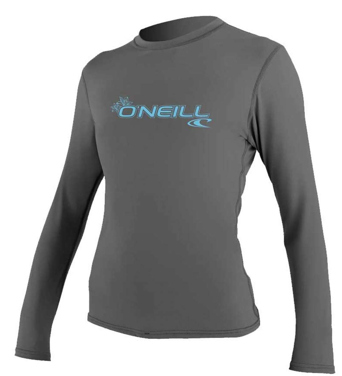 O'Neill Ladies Basic Sun Shirt Long Sleeve 2022 - A gray rash guard with a light blue logo that reads "ONEILL" and features a small floral design above the lettering.