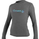 O'Neill Ladies Basic Sun Shirt Long Sleeve 2022 - A gray rash guard with a light blue logo that reads "ONEILL" and features a small floral design above the lettering.