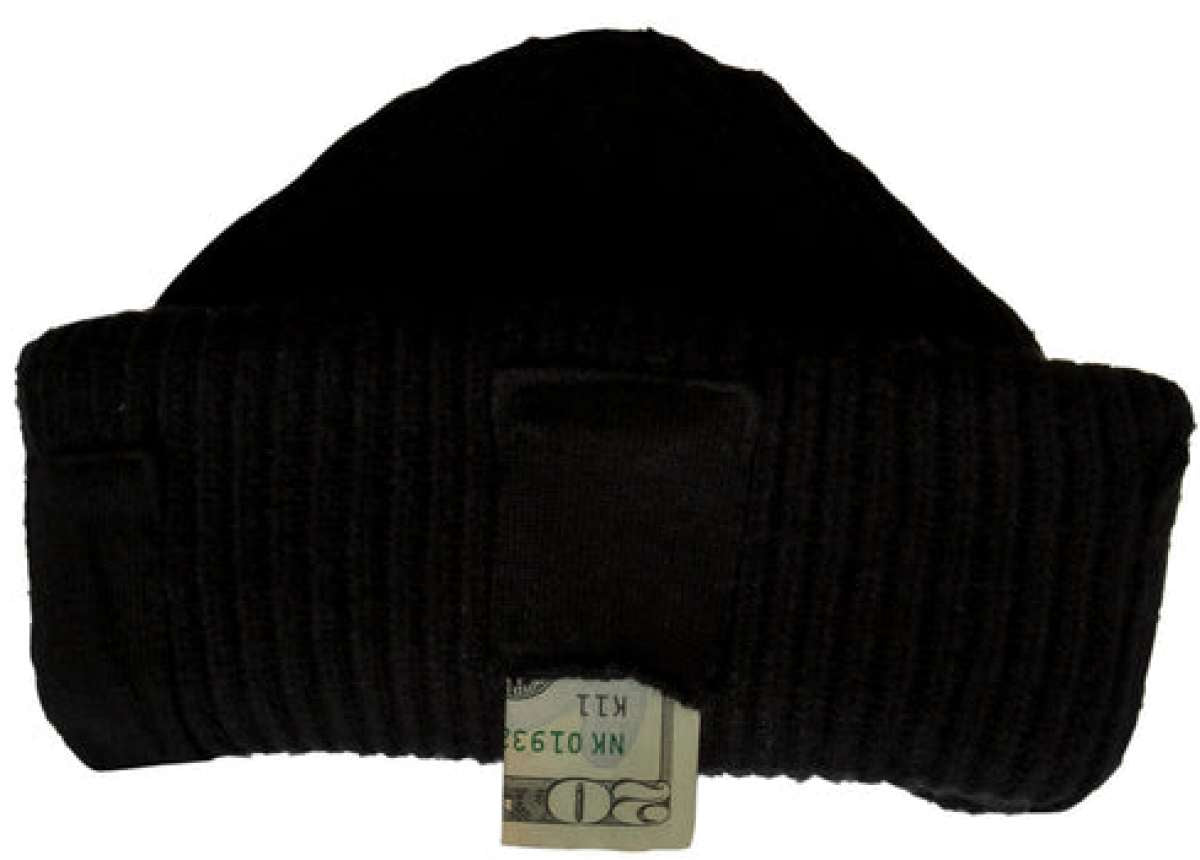 Outdoor Tech Chips Shred Audio Beanie - A black beanie with a white logo on the front and an earphone cord wrapped around it.