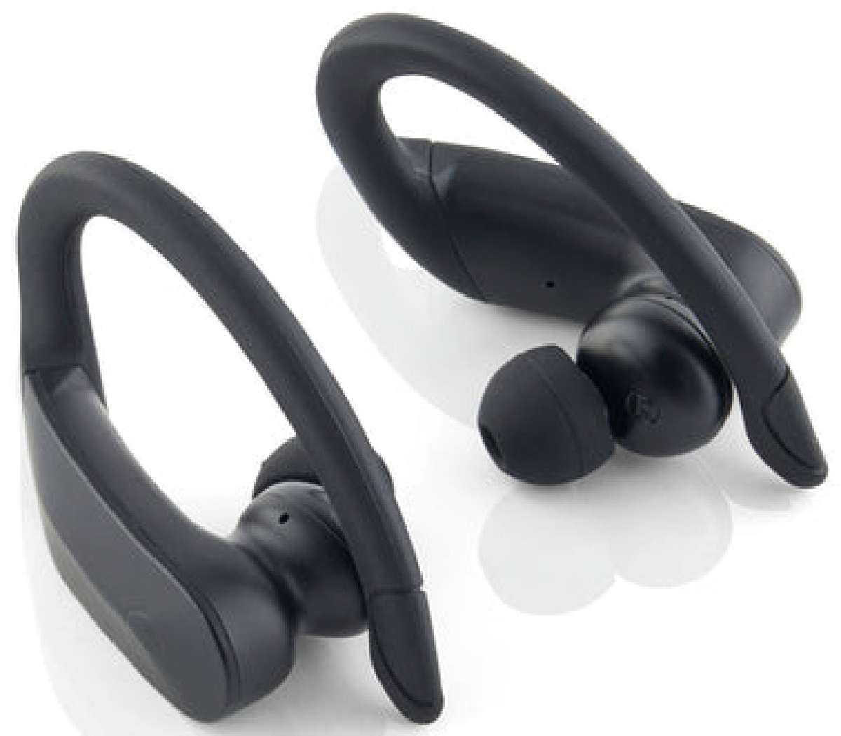 Outdoor Tech Mantas 2.0 Wireless Earbuds - Black earbuds with a matte finish, angled towards each other on a white background.