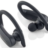Outdoor Tech Mantas 2.0 Wireless Earbuds - Black earbuds with a matte finish, angled towards each other on a white background.