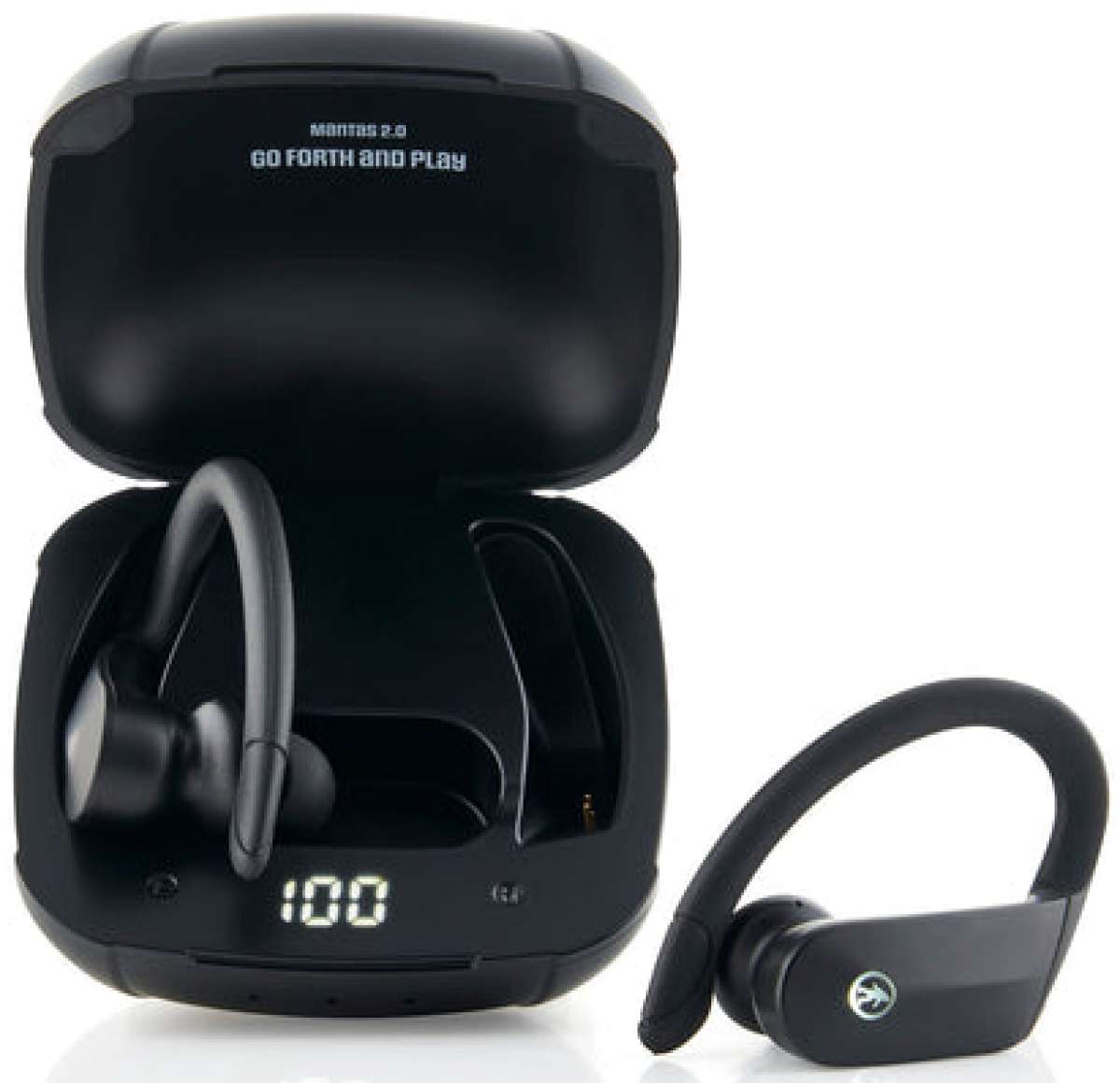 Outdoor Tech Mantas 2.0 Wireless Earbuds - Black earbuds with white accents in a black case.