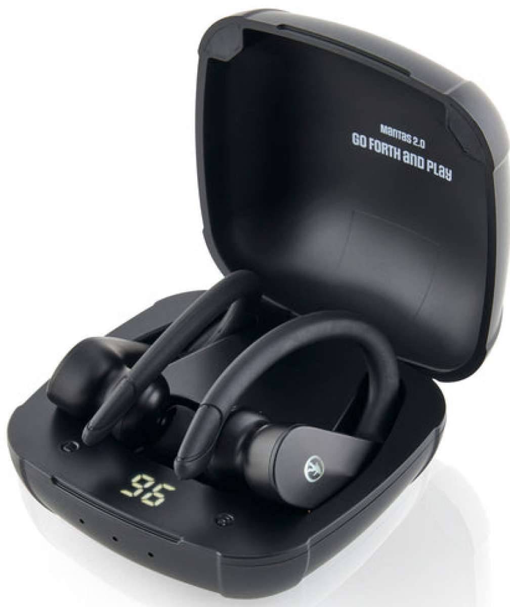 Outdoor Tech Mantas 2.0 Wireless Earbuds - Black earbuds with white logo on right bud, in open black case.