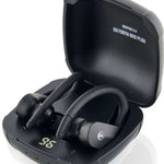 Outdoor Tech Mantas 2.0 Wireless Earbuds - Black earbuds with white logo on right bud, in open black case.