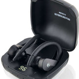 Outdoor Tech Mantas 2.0 Wireless Earbuds - Black earbuds with white logo on right bud, in open black case.