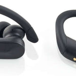 Outdoor Tech Mantas 2.0 Wireless Earbuds - Black earbuds with a matte finish, featuring a small circular button on each bud and a charging case with a white LED light.