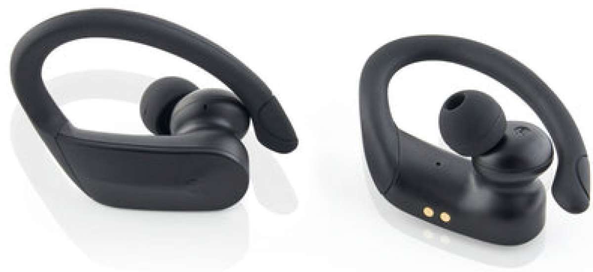 Outdoor Tech Mantas 2.0 Wireless Earbuds - Black earbuds with a matte finish, featuring a small circular button on each bud and a charging case with a white LED light.