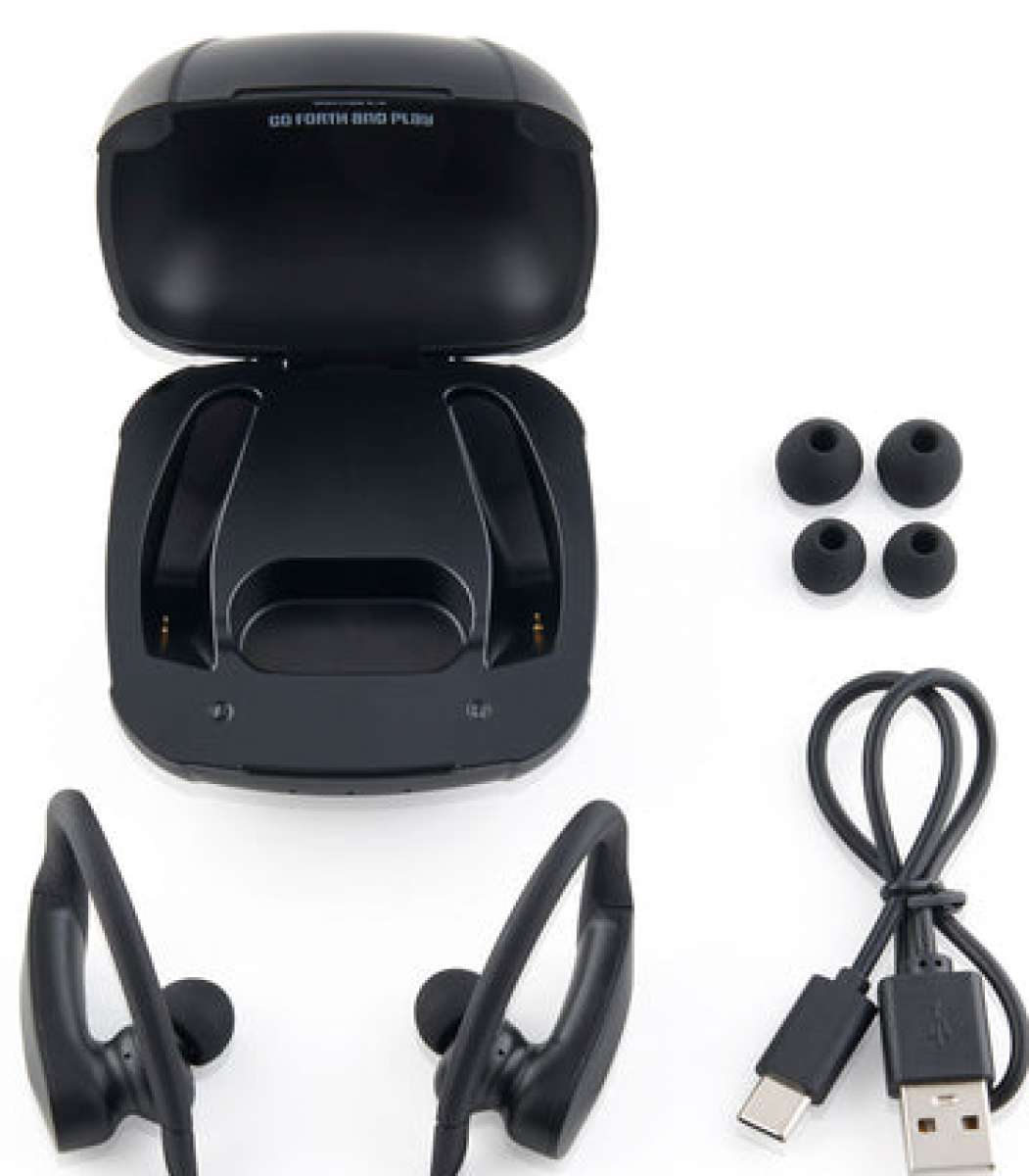 Outdoor Tech Mantas 2.0 Wireless Earbuds - Black earbuds with gold accents and a black charging case.