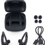 Outdoor Tech Mantas 2.0 Wireless Earbuds - Black earbuds with gold accents and a black charging case.