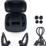Outdoor Tech Mantas 2.0 Wireless Earbuds - Black earbuds with gold accents and a black charging case.