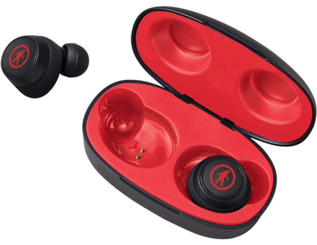 Outdoor Tech Pearls Wireless Earbuds - A pair of black wireless earbuds with a red logo on each.