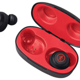 Outdoor Tech Pearls Wireless Earbuds - A pair of black wireless earbuds with a red logo on each.