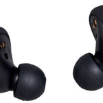 Outdoor Tech Pearls Wireless Earbuds - A pair of black wireless earbuds with gold accents and a matte finish, viewed from the front at an angle.