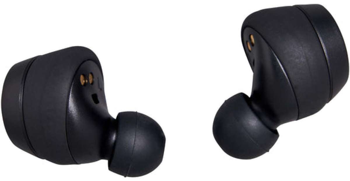 Outdoor Tech Pearls Wireless Earbuds - A pair of black wireless earbuds with gold accents and a matte finish, viewed from the front at an angle.