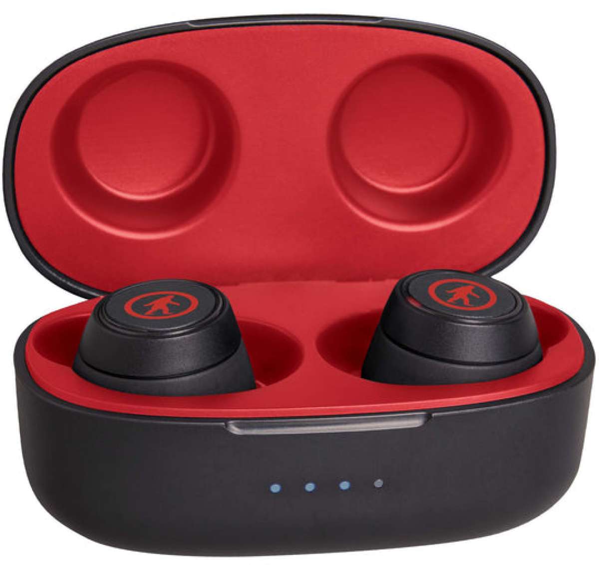 Outdoor Tech Pearls Wireless Earbuds - A pair of black wireless earbuds with a red logo on each bud, in an open case with a red interior.